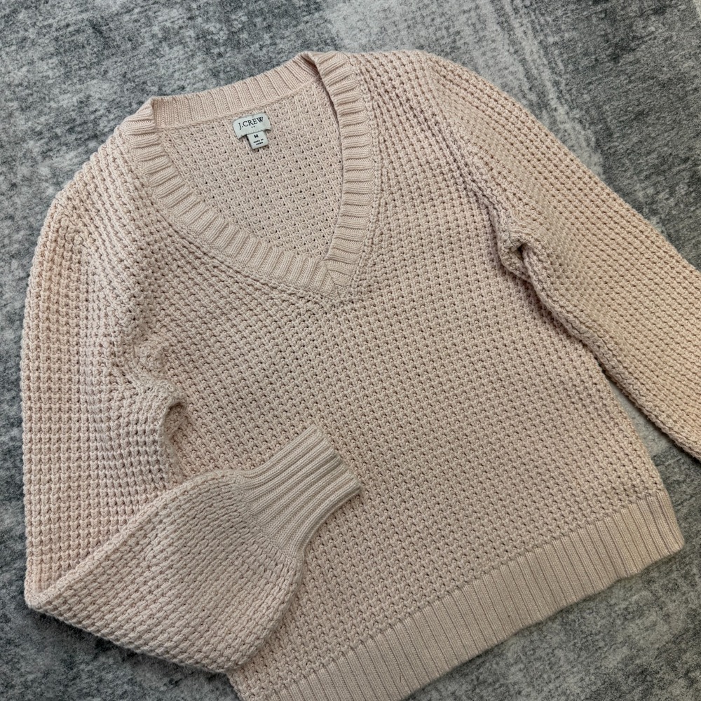 J Crew Sweater Womens Medium Pale Pink Waffle Knit Cotton V-Neck Coquette Jumper